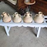 Antique painted wooden jar holder with 4 earthenware jars