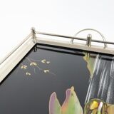 Vintage tray birds black glass chrome 1950s-60s plateau 40x26cm
