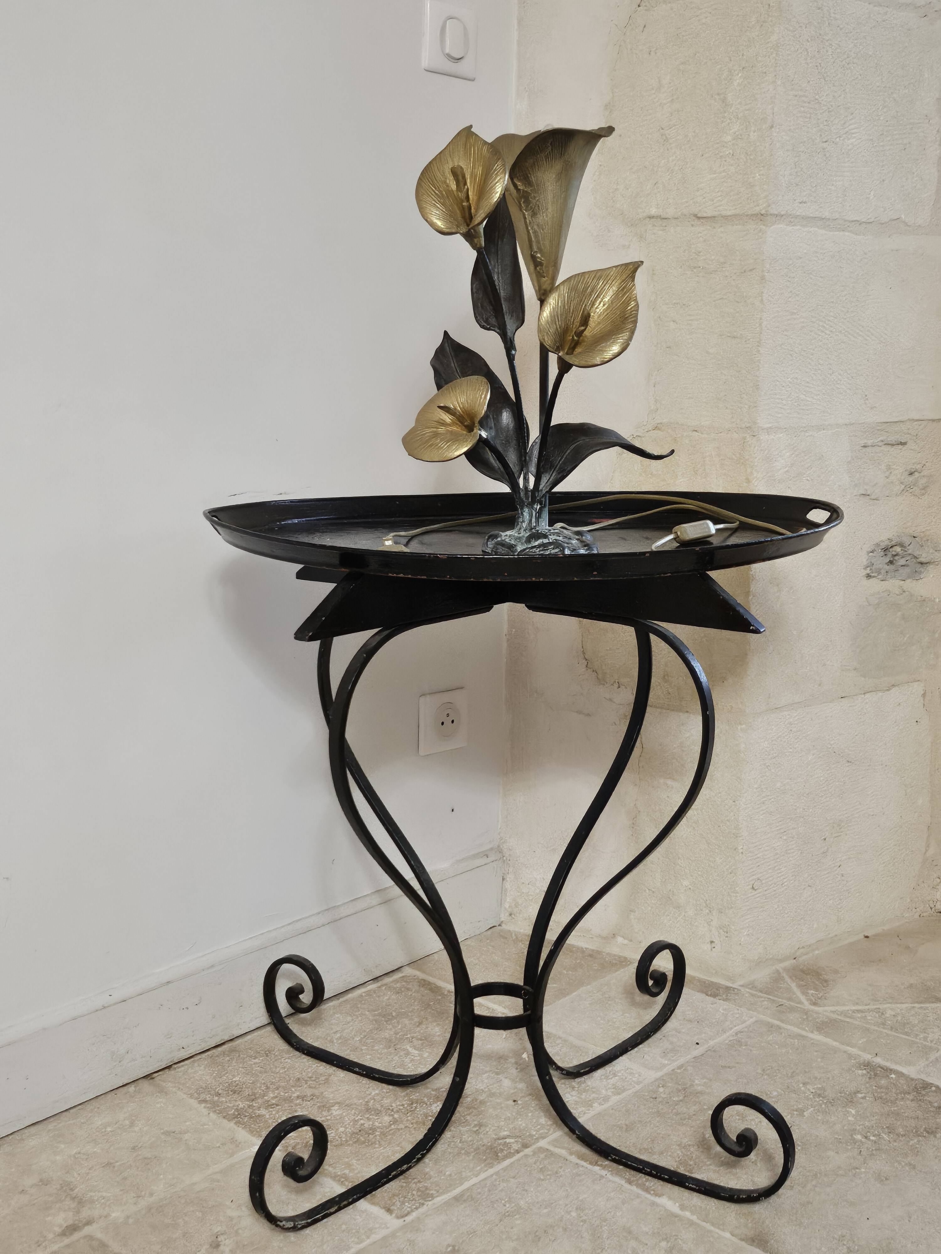 Metal sculpture lamp with golden calla lilies – 1970s