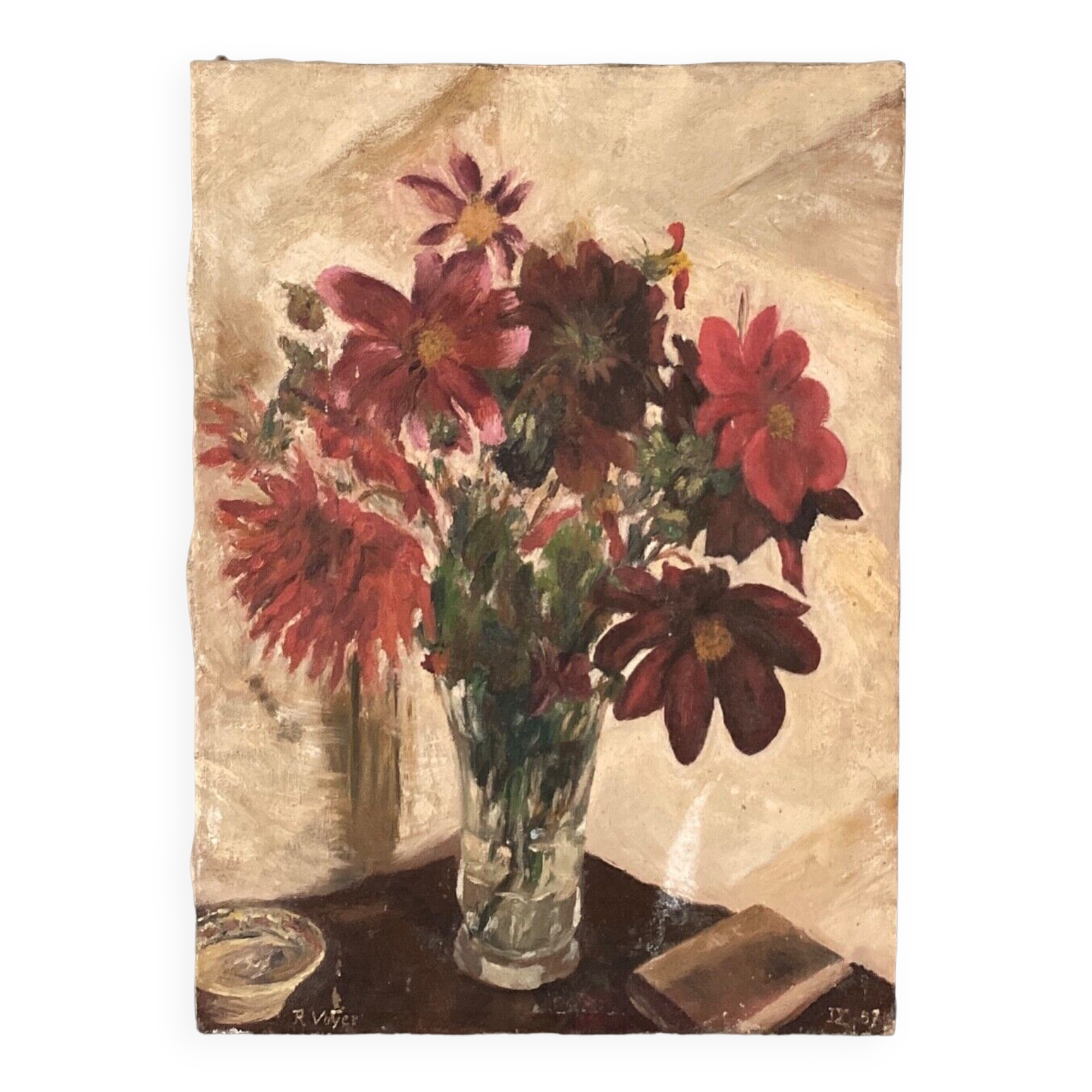 Oil on canvas R. Voyer still life with flowers by 1957