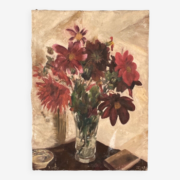 Oil on canvas R. Voyer still life with flowers by 1957