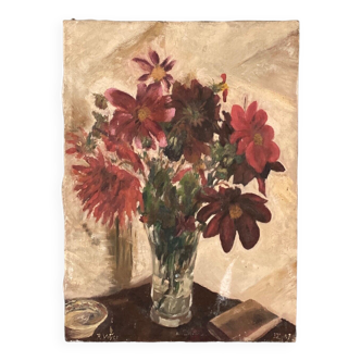 Huile sur toile R. Voyer nature morte aux fleurs par 1957