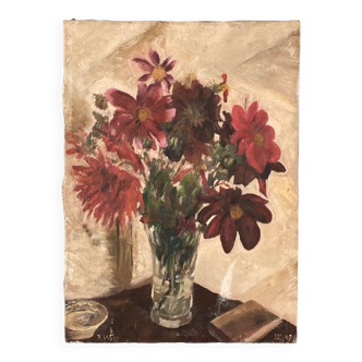 Oil on canvas R. Voyer still life with flowers by 1957