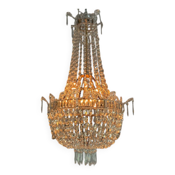 Sac De Perle, Lustre Garni De Rangées De Perles De Cristaux Taillés, Vers 1