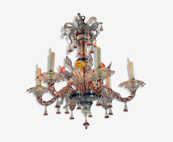 Lustre vénitien en verre de Murano multicolore 6 bras de lumière