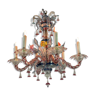 Lustre vénitien en verre de Murano multicolore 6 bras de lumière