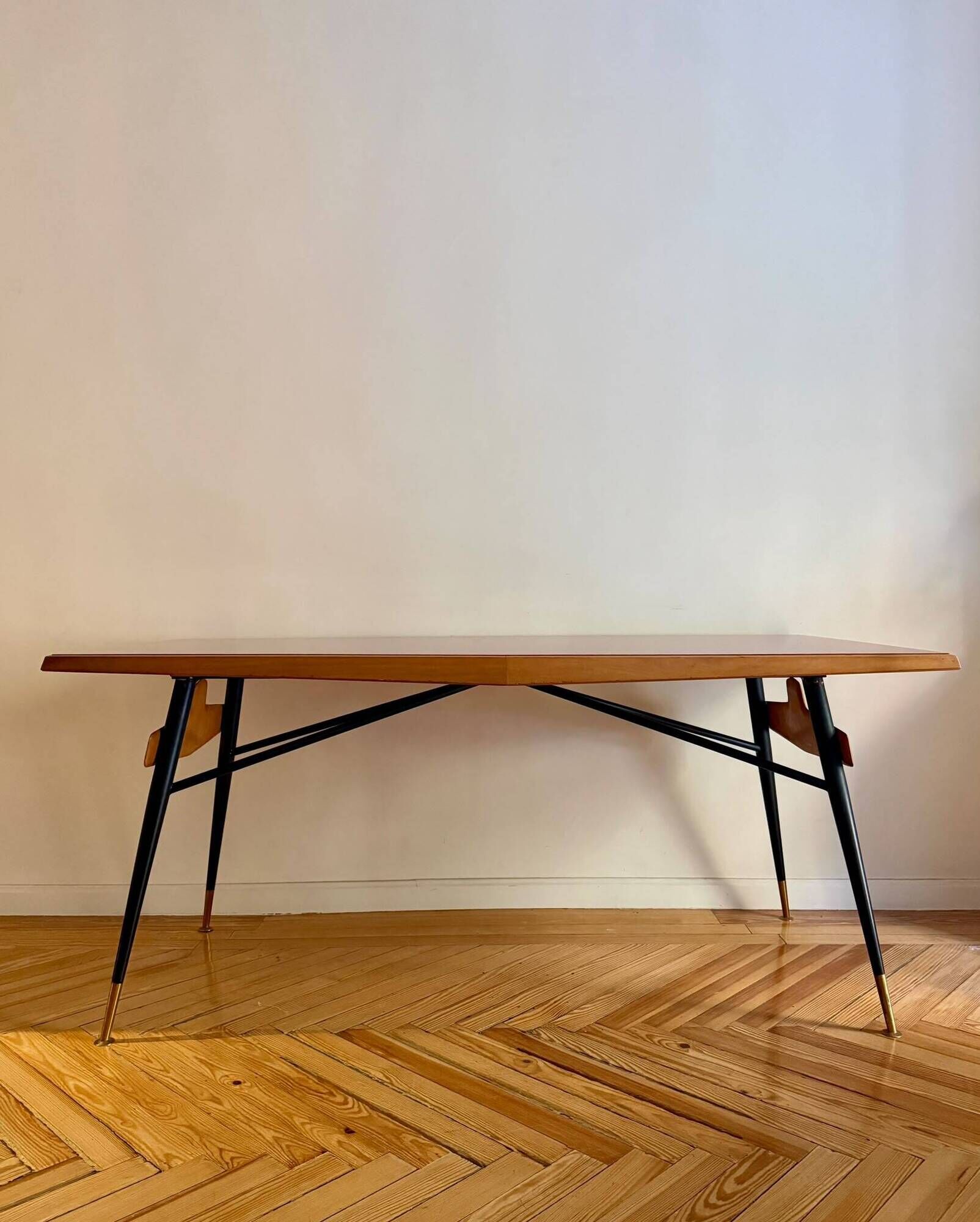 Original table by Ico Parisi with a structure of wood, metal, and stained glass.