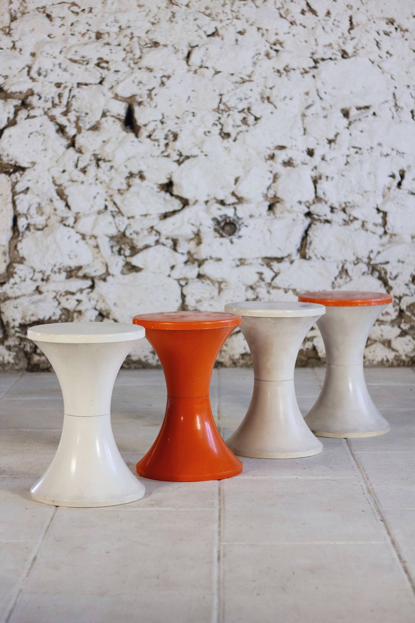 White and dark orange Tam Tam stool by Henry Massonnet for Stamp, 1970.