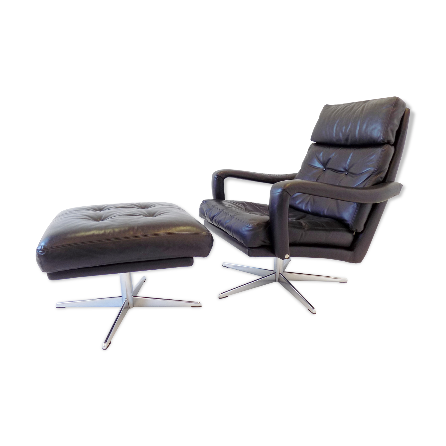 Danish black leather armchair with ottoman 70s