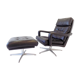 Danish black leather armchair with ottoman 70s