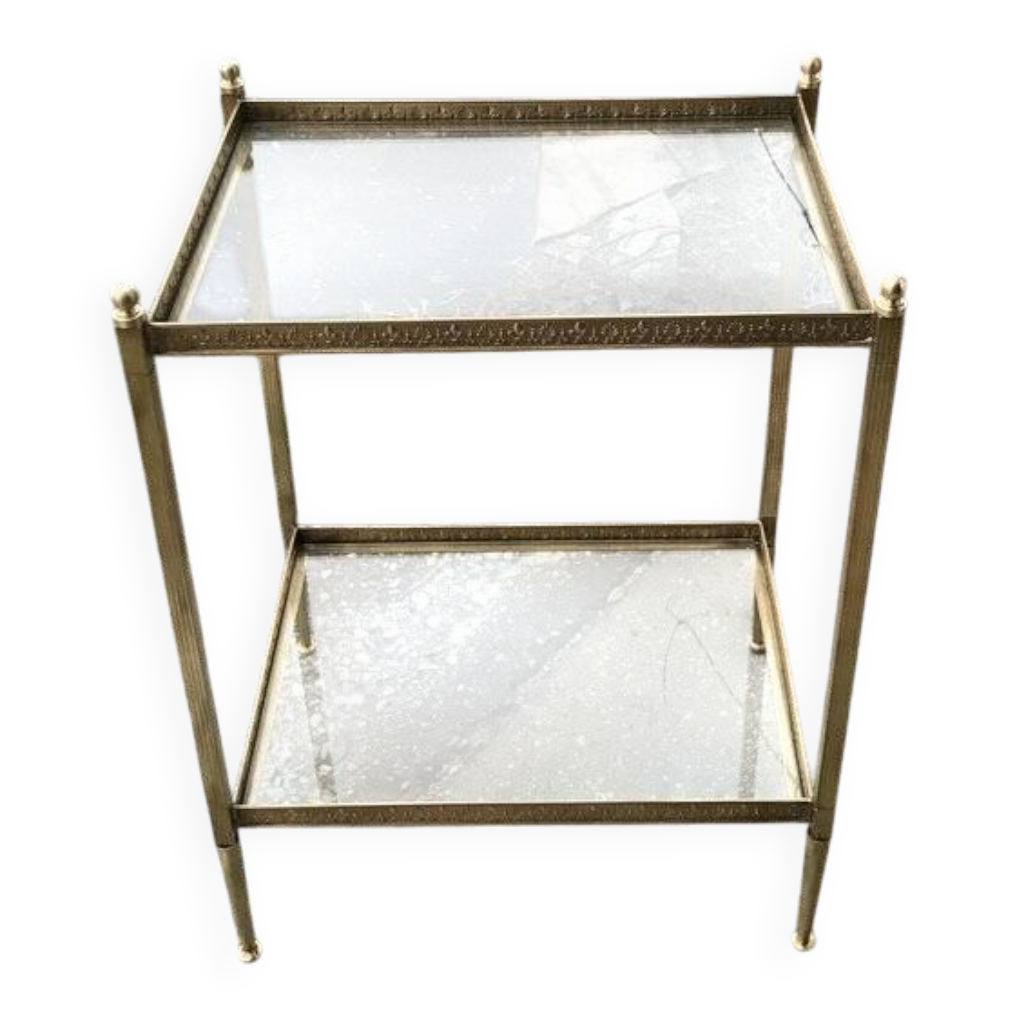 Table d'appoint deux niveaux Hollywood Regency en laiton doré et plateau verre transparent 1960s