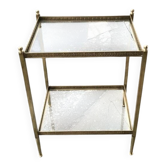 Two-tier side table in Hollywood Regency style with gilded brass and clear glass top, 1960s.