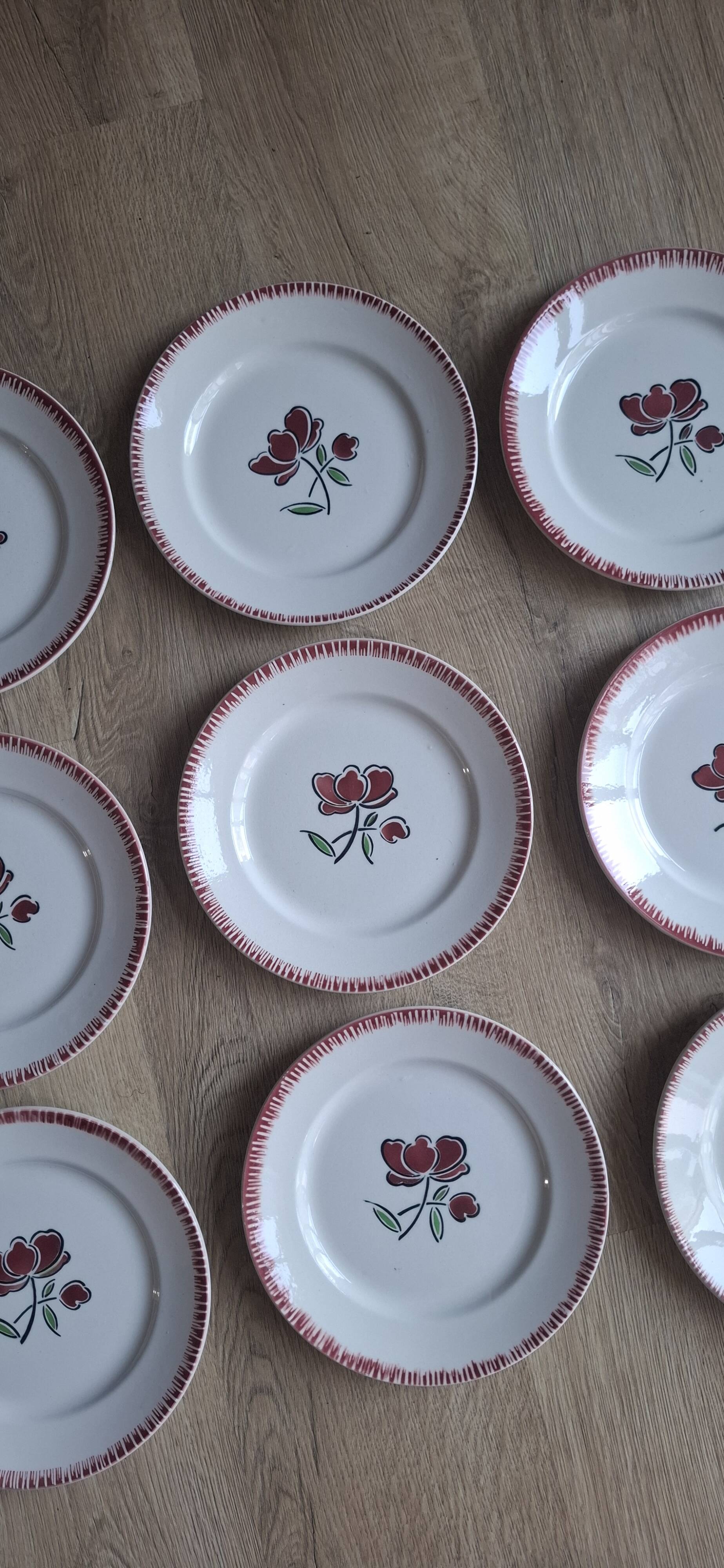 Set of 9 Badonviller flower dinner plates