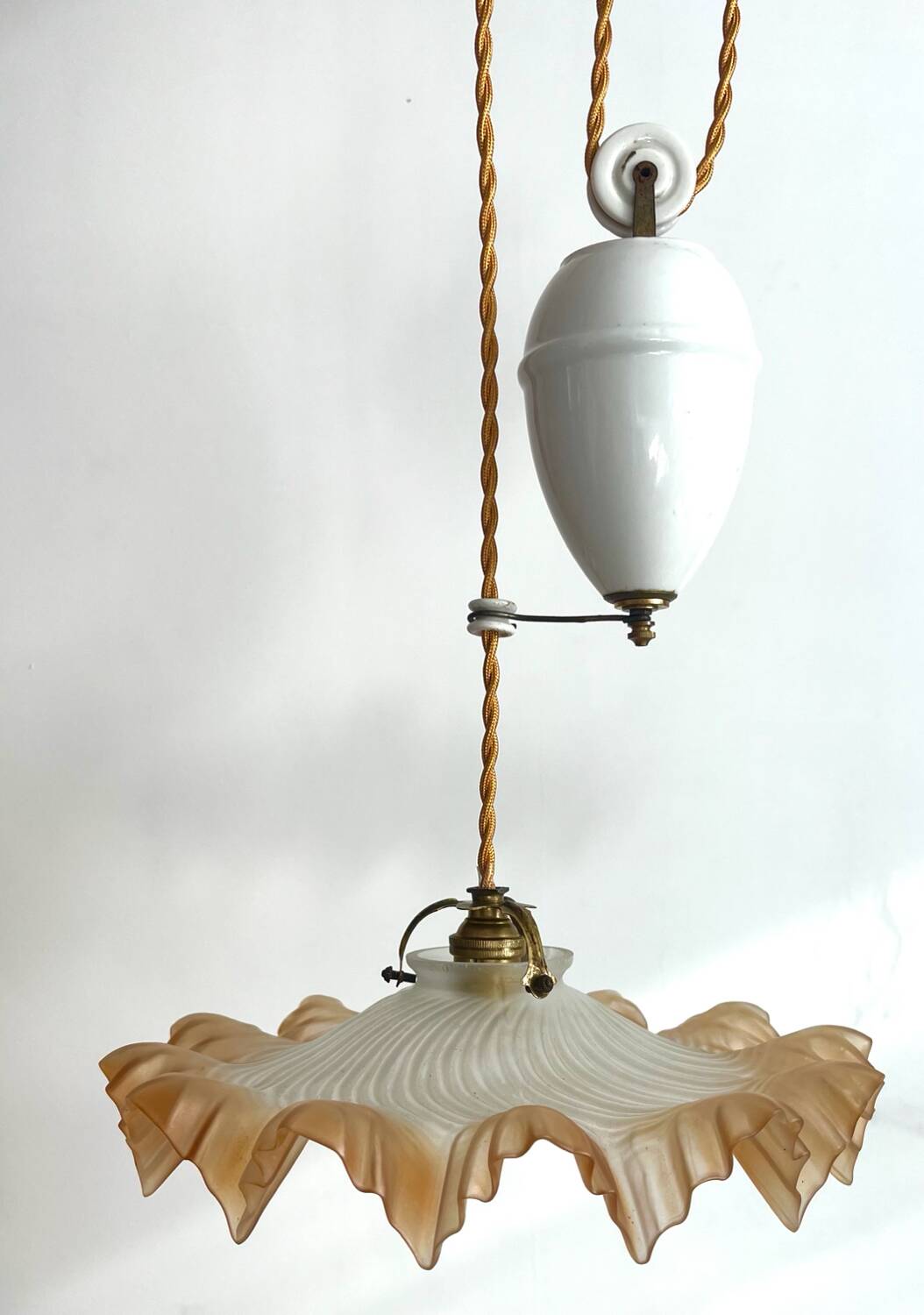 Opaline glass pendant light in ochre frilly glass, rises and falls