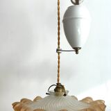 Opaline glass pendant light in ochre frilly glass, rises and falls