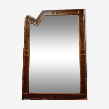 Ancien grand miroir en rotin bambou