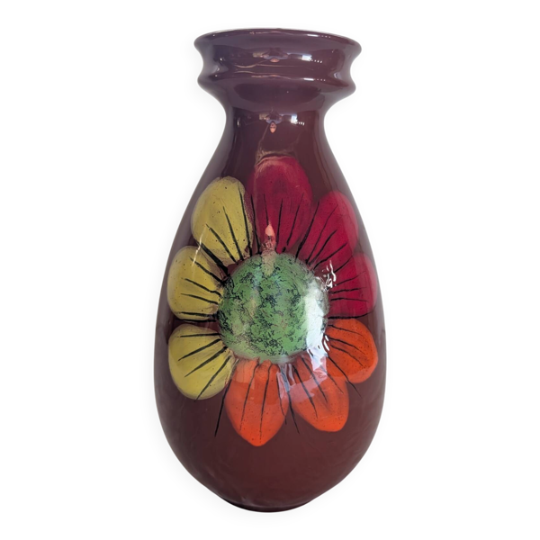 Grand vase en céramique émaillée à décor floral – Années 1970