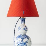 Pair of Royal Delft blue and white ceramic table lamps with new vermilion silk shades.