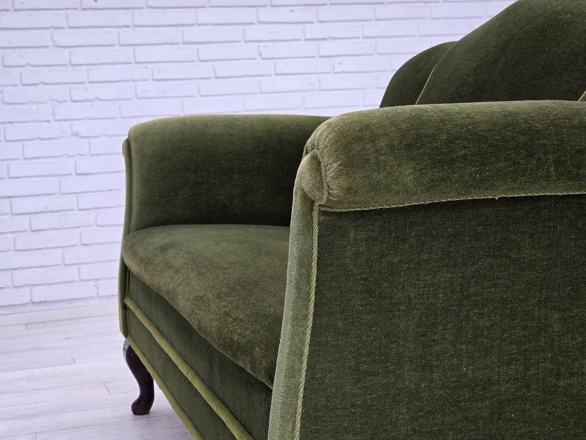 1950s, Danish 2-seater sofa, green furniture velour, ash wood legs.