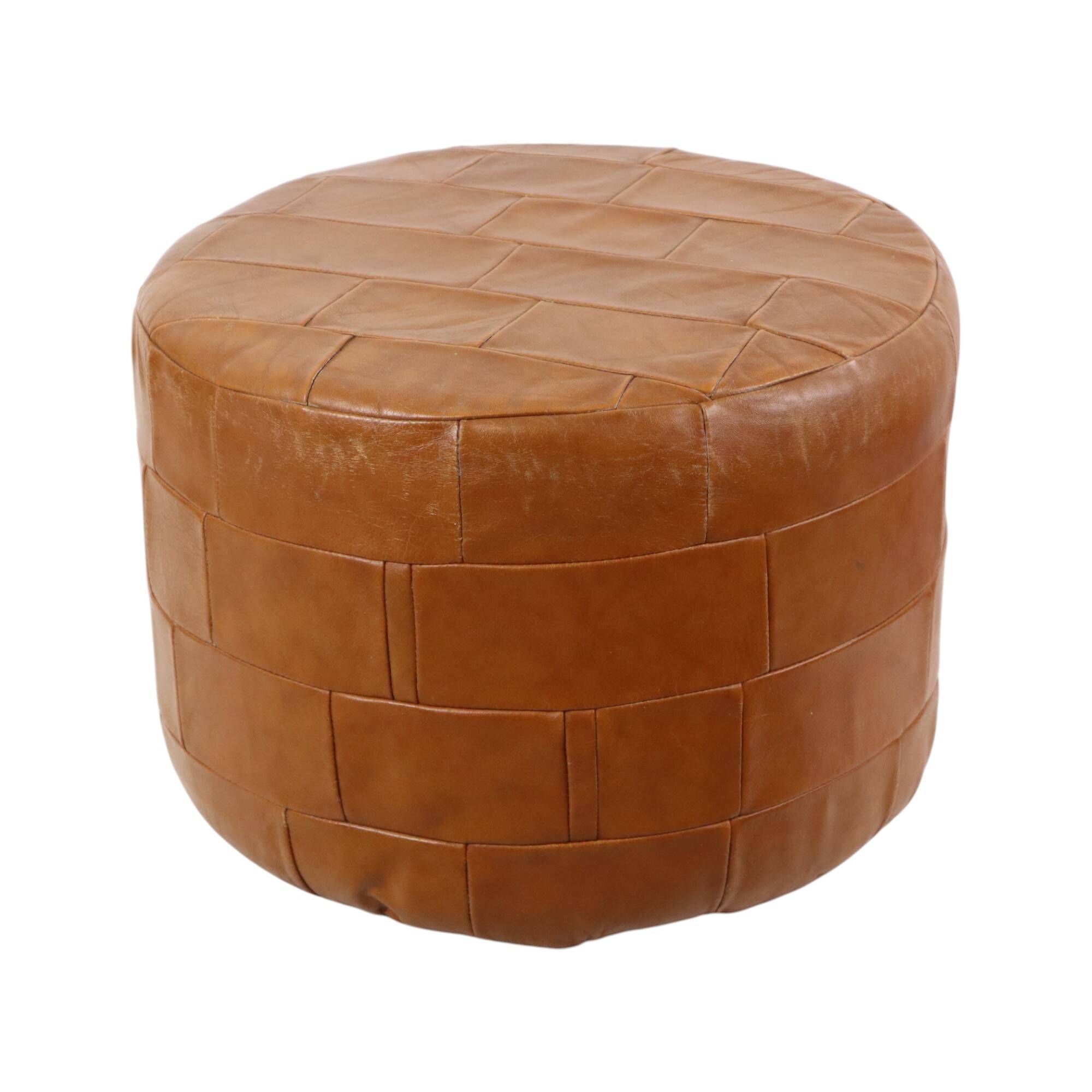 Vintage Round Brown Pouf Patchwork Patches Faux Leather 45cm