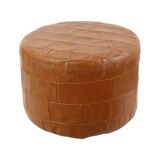 Vintage Round Brown Pouf Patchwork Patches Faux Leather 45cm