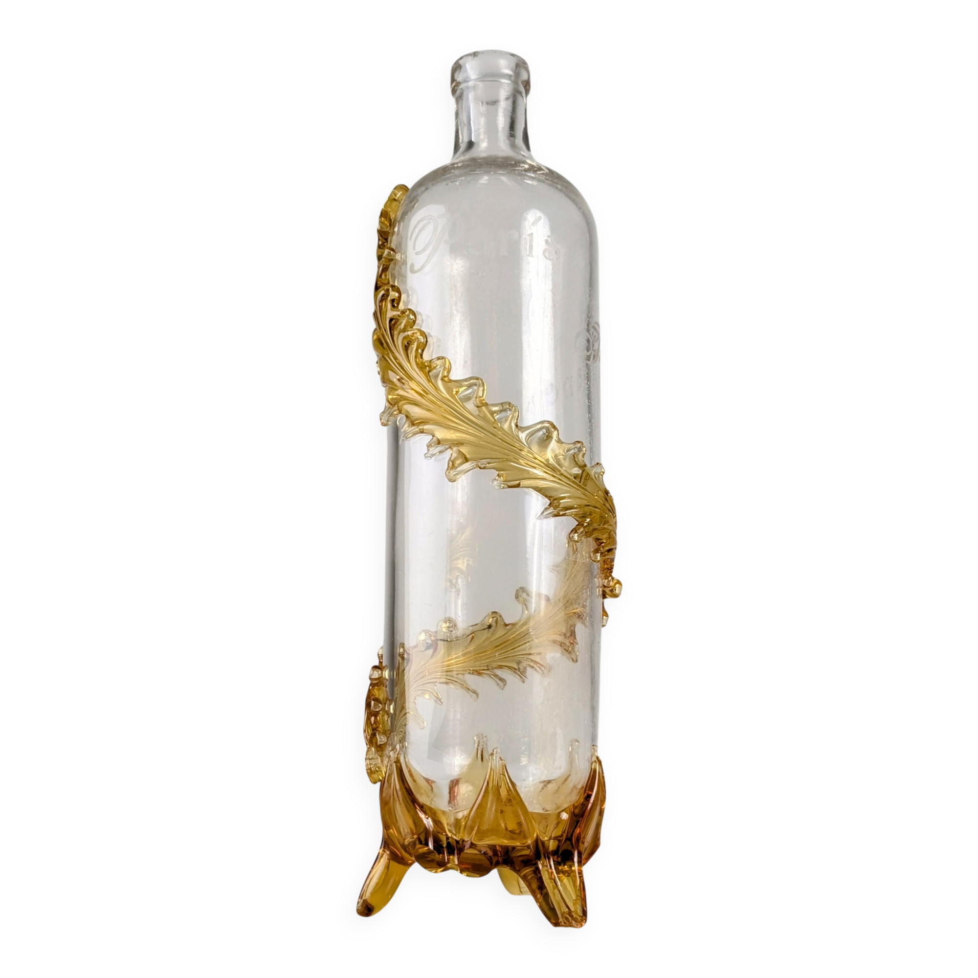 French Art Nouveau Uranium Glass Bottle with Applied Amber Leaves, c. 1900