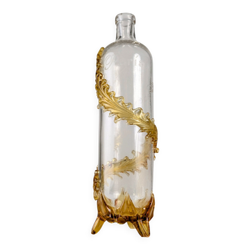 French Art Nouveau Uranium Glass Bottle with Applied Amber Leaves, c. 1900