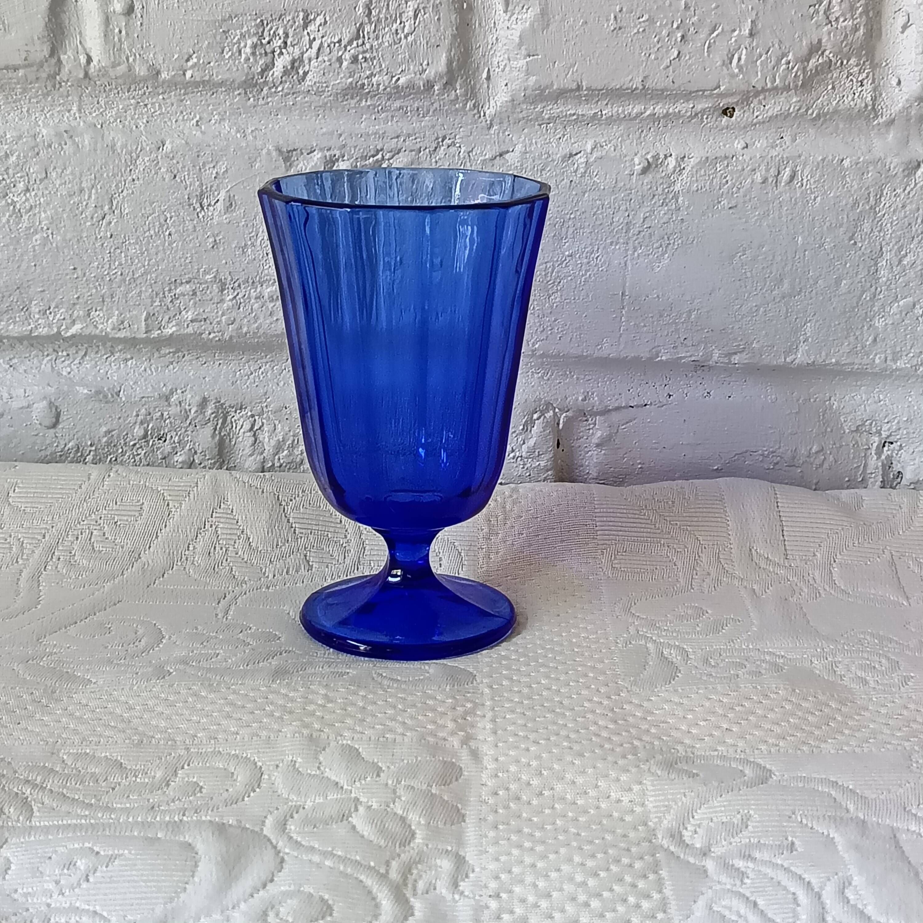 6 vintage footed glasses in cobalt blue coloured glass from Portugal