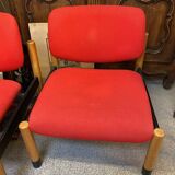 PAIR OF VINTAGE DESIGN ARMCHAIRS FROM THE 80S IN RED AND LIGHT BROS FABRIC