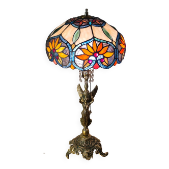 bronze lamp angel 1970 pull switch 63x30 stained glass shade