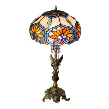 lampe bronze angel 1970  interupteur a tirette 63x30 abat jour verre vitrai