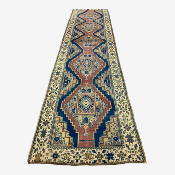 Vintage turkish runner 360x93 cm kazak rug, terracotta red, beige blue