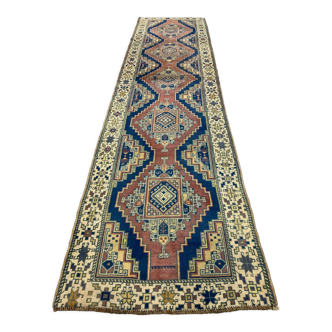 Vintage turkish runner 360x93 cm kazak rug, terracotta red, beige blue