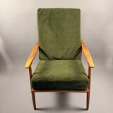 Fauteuil scandinave – revêtement vert, bois de hêtre, vintage