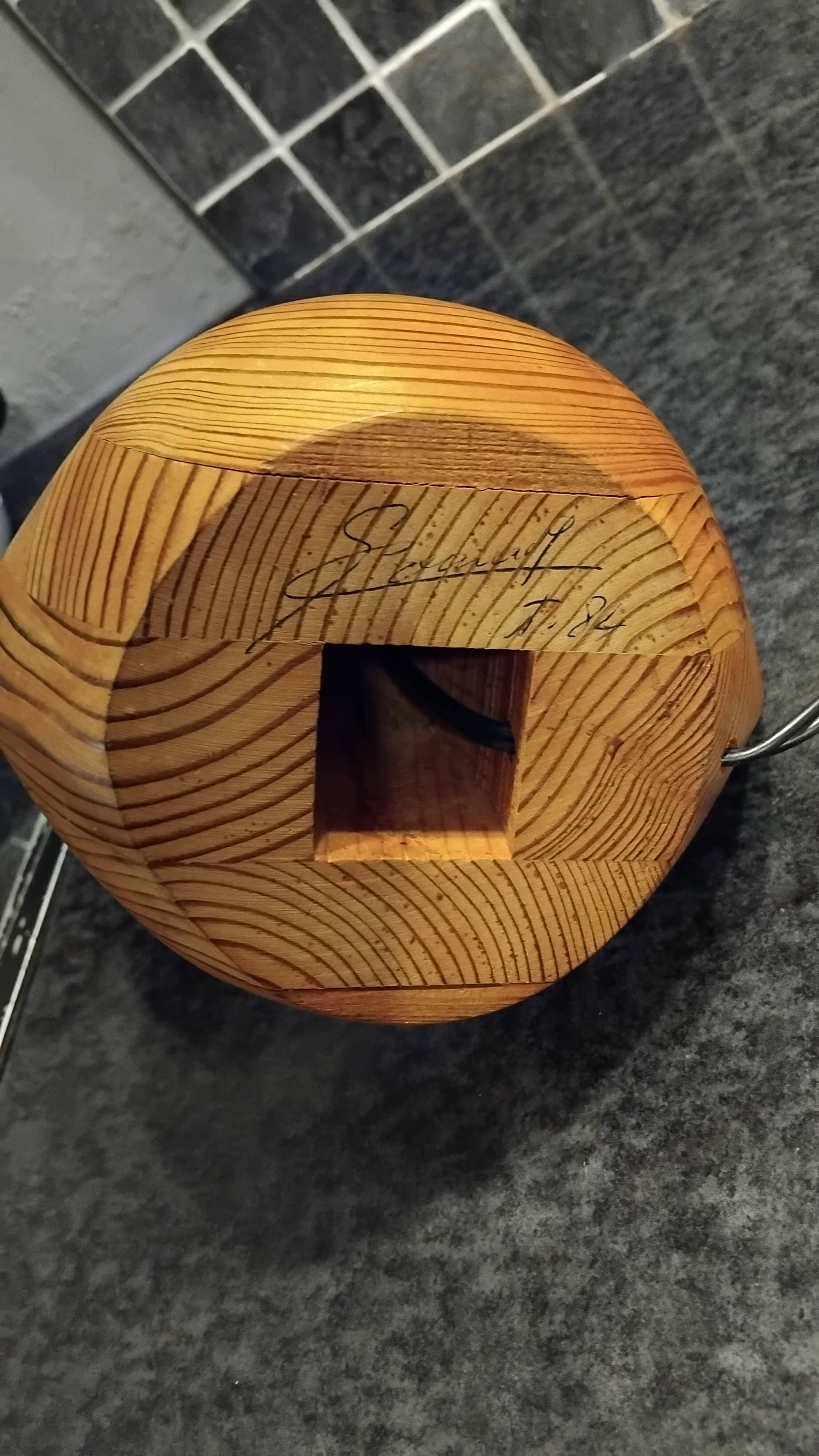 Vintage Scandinavian wooden bedside table lamp from the 1960s, signed