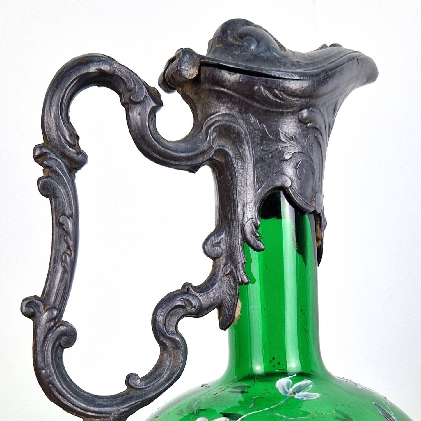 Antique Art Nouveau carafe - Bird jug enamelled glass