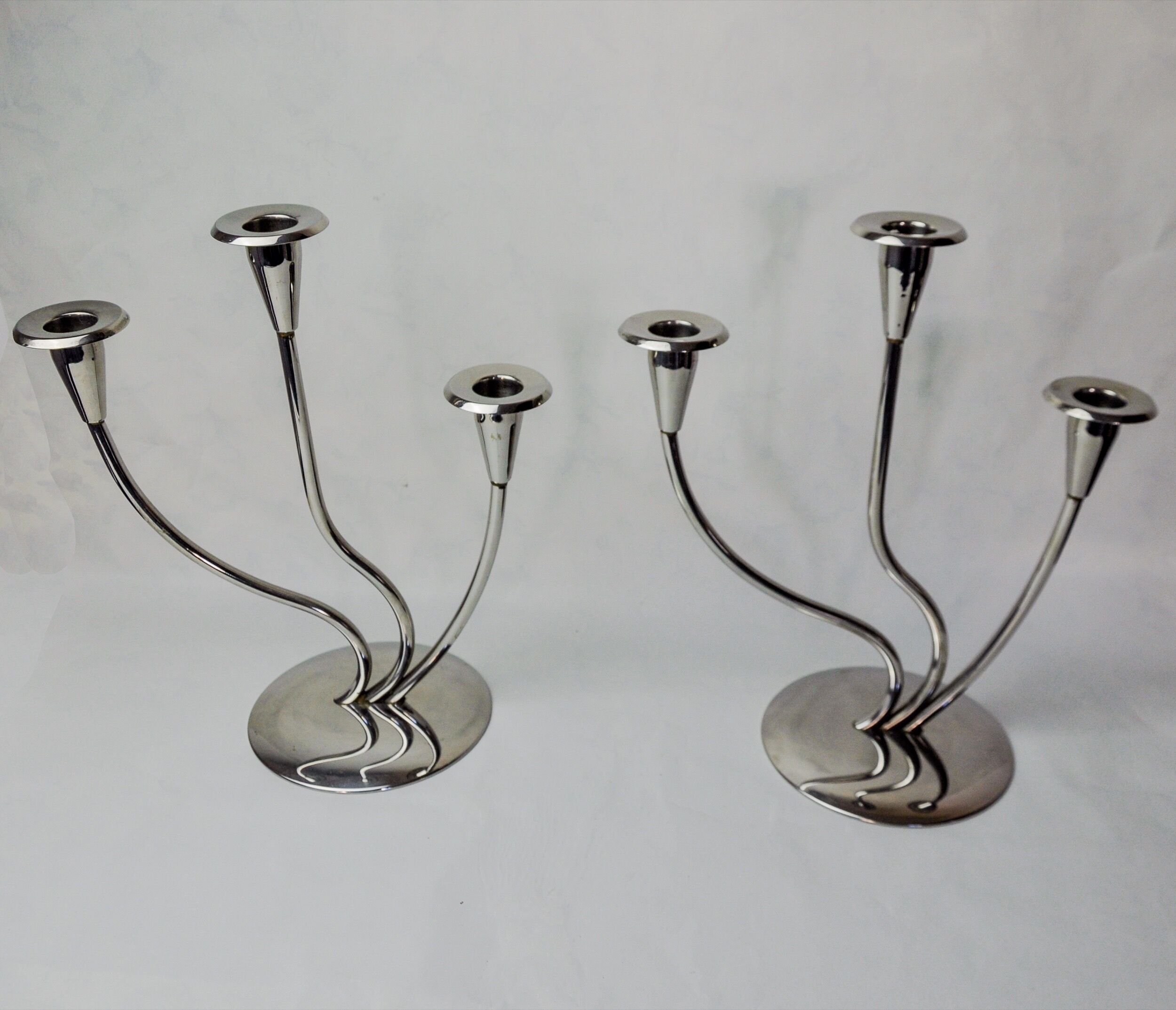 Pair of art deco candlesticks in stainless steel 3 flames, Spain, 1970