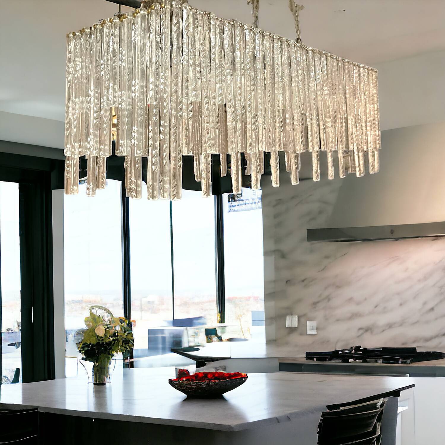 Large Rectangular Murano Glass Rod Chandelier 1980’s