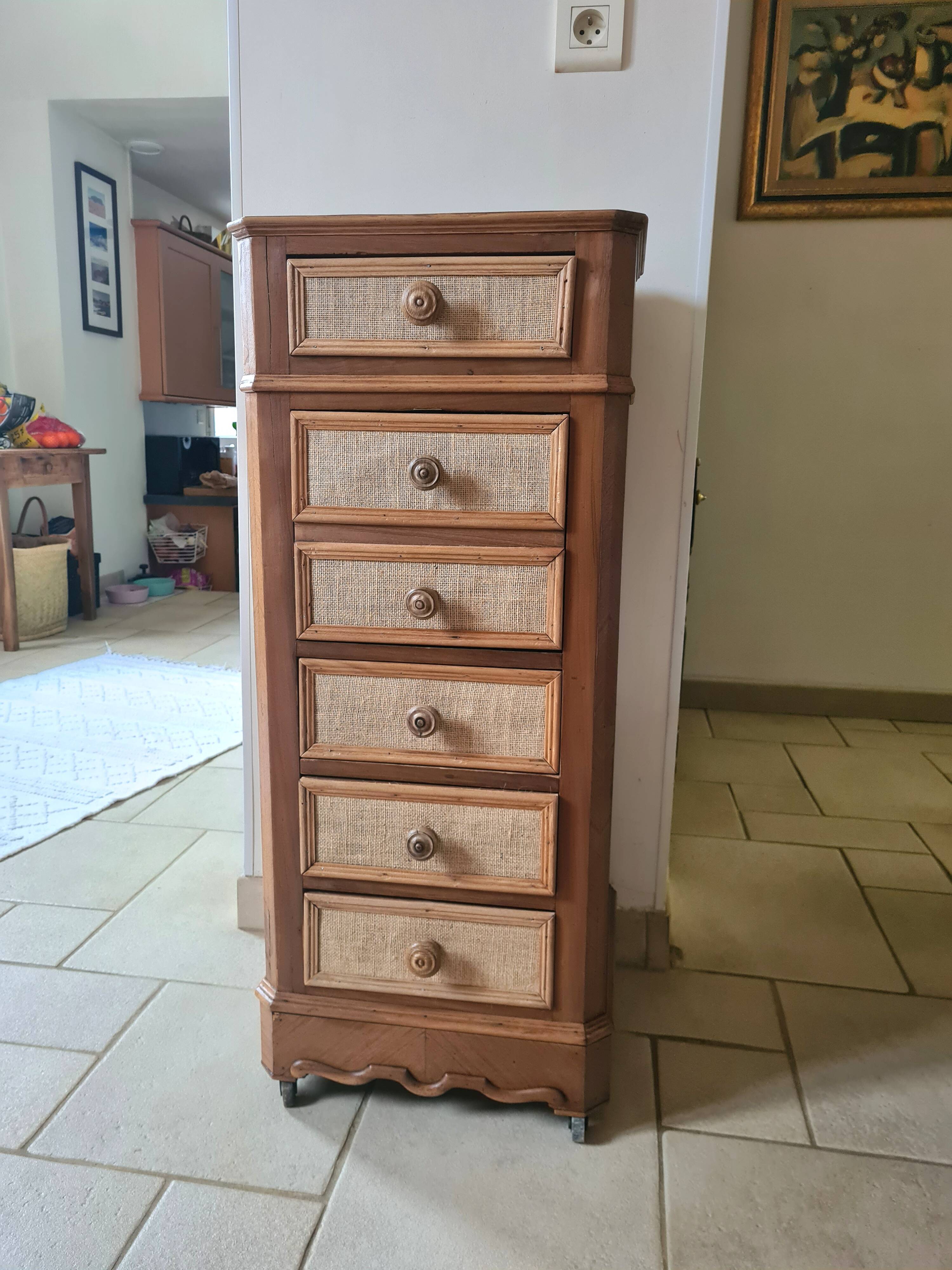Nightstand in walnut and jute fabric, 1900