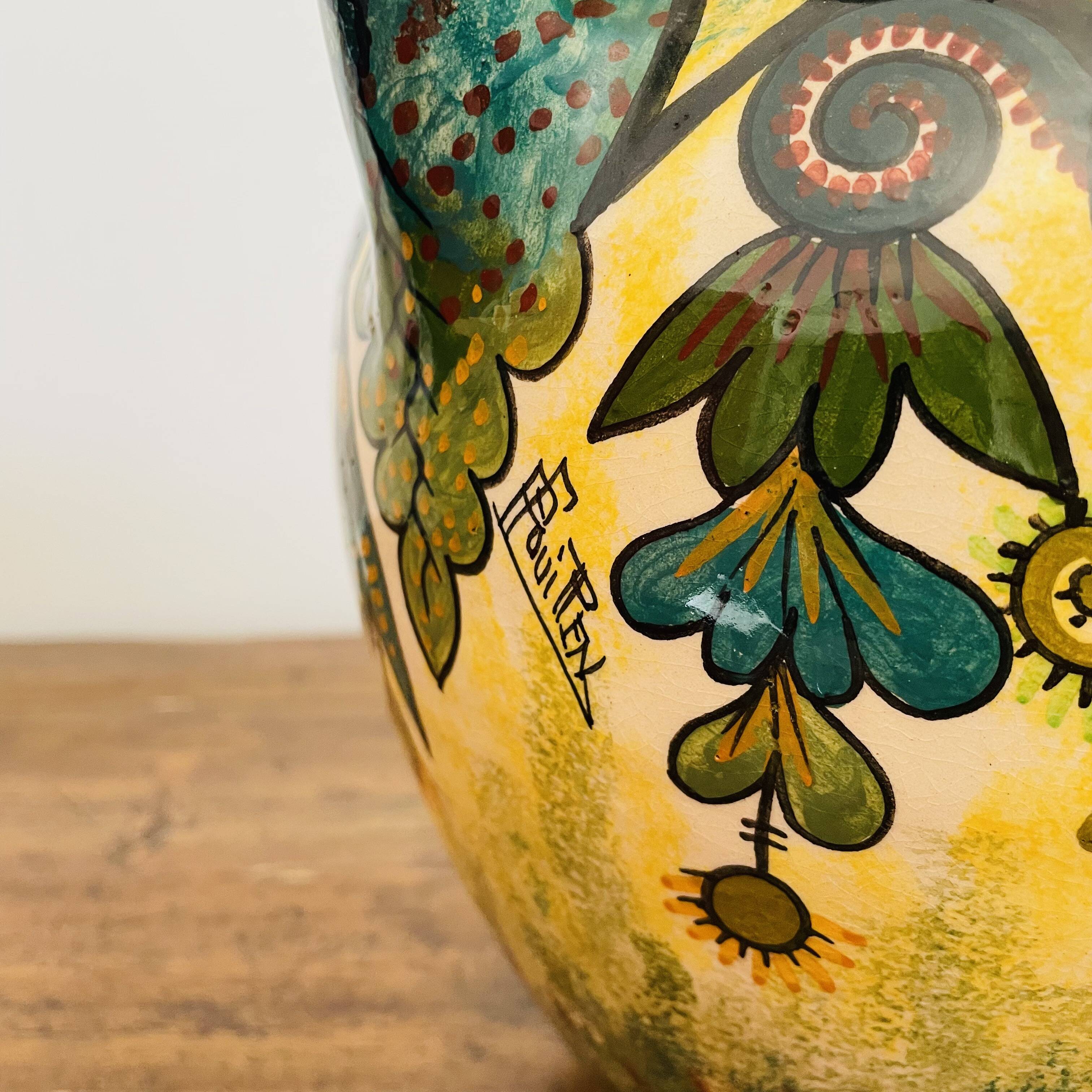 Sublime vase signed Paul Fouillen with yellow and green handles 1940