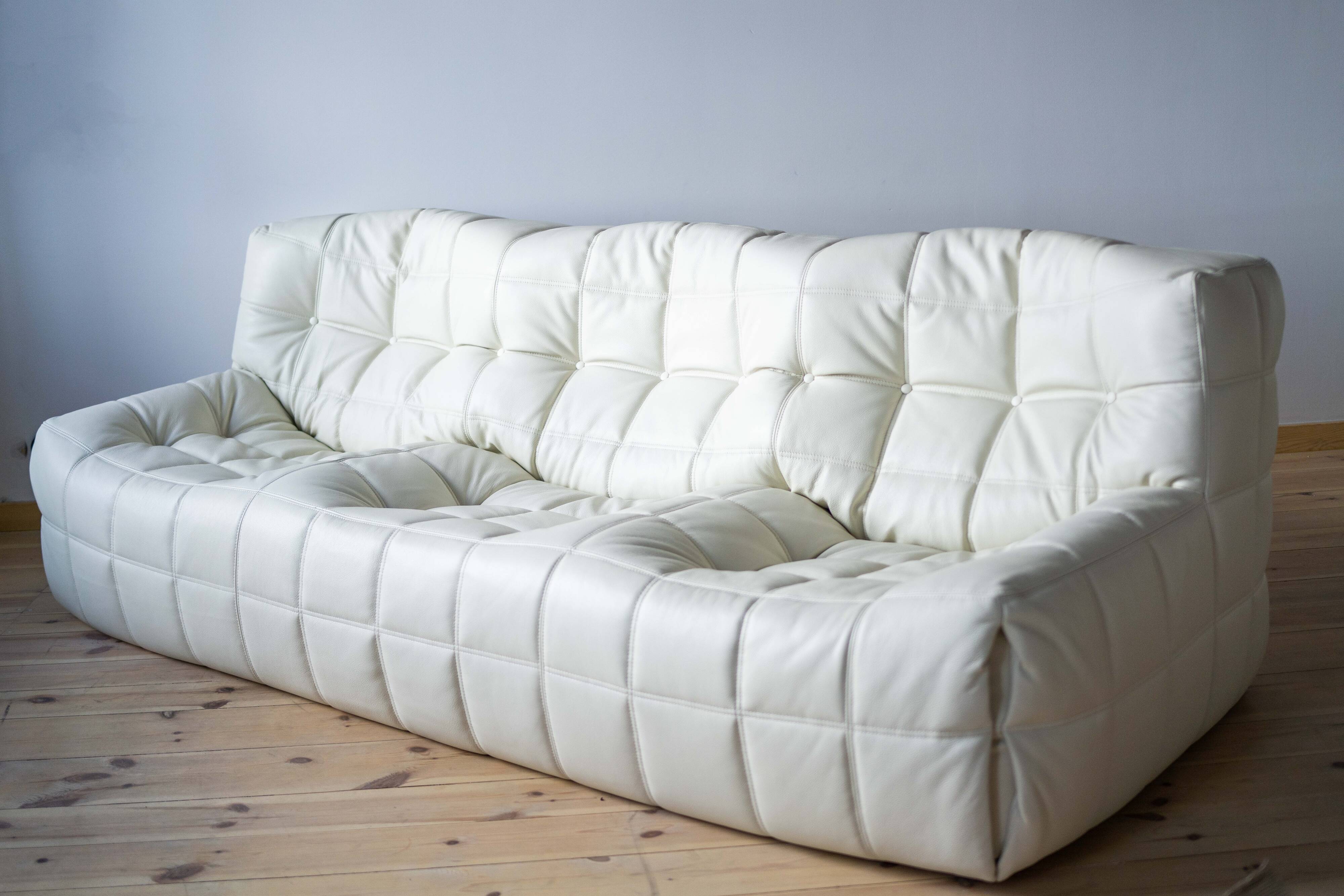 Vintage Leather Kashima Sofa in White Leather by Michel Ducaroy for Ligne Roset, 1980s