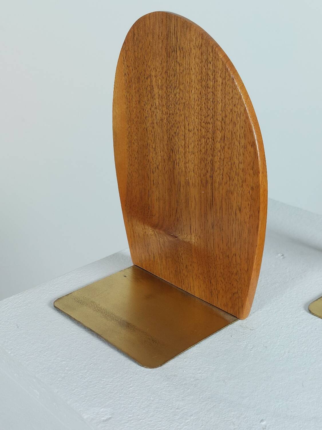 Vintage wooden and brass bookends from the 1950s, Scandinavian style.