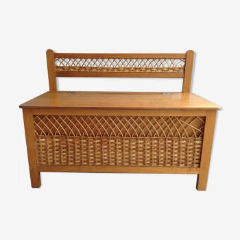 Banc coffre à jouets en bois et rotin vintage