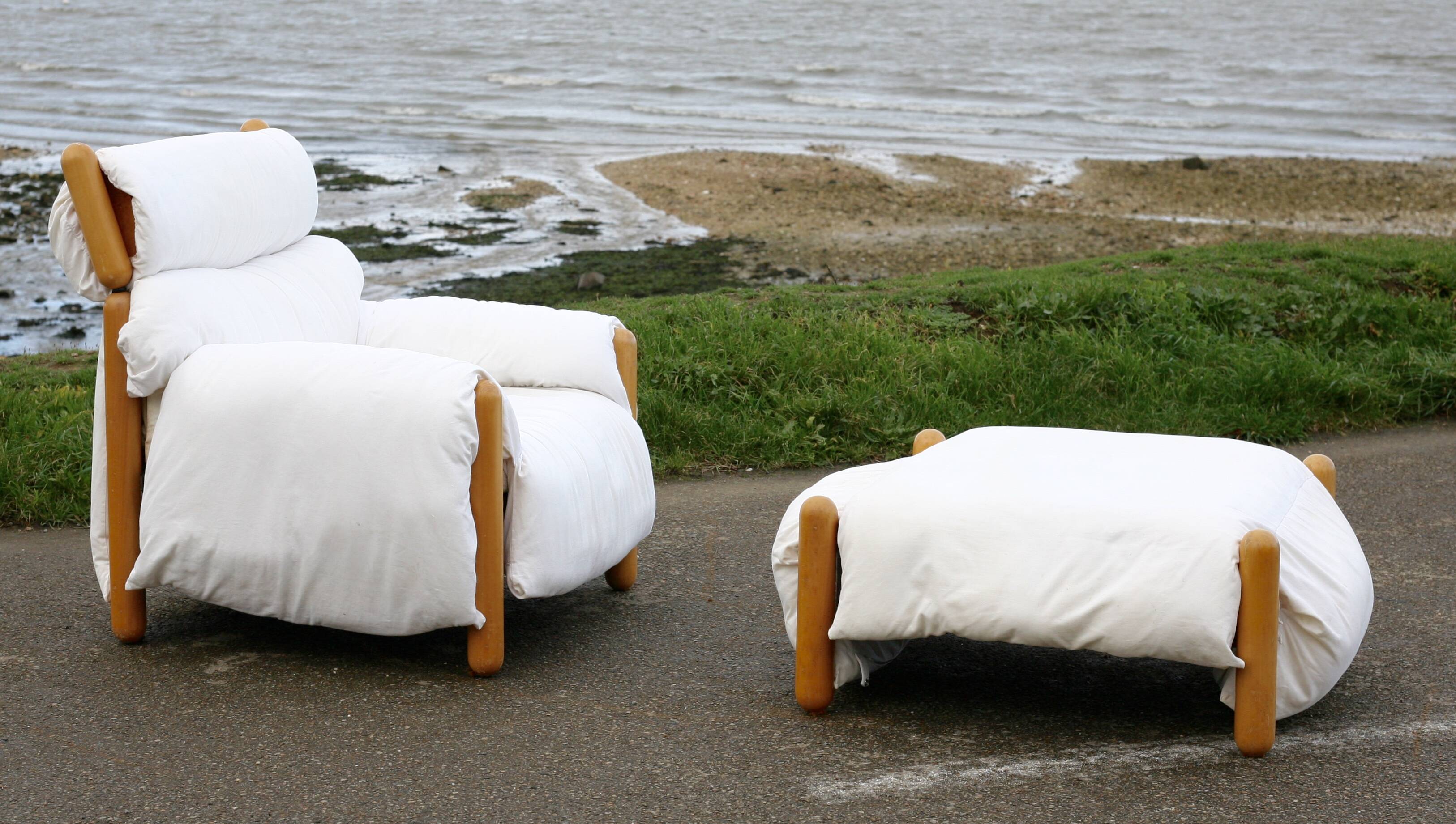 Enzo Mari, Gamba di Legno armchair and ottoman, Driade, Italy, 1976