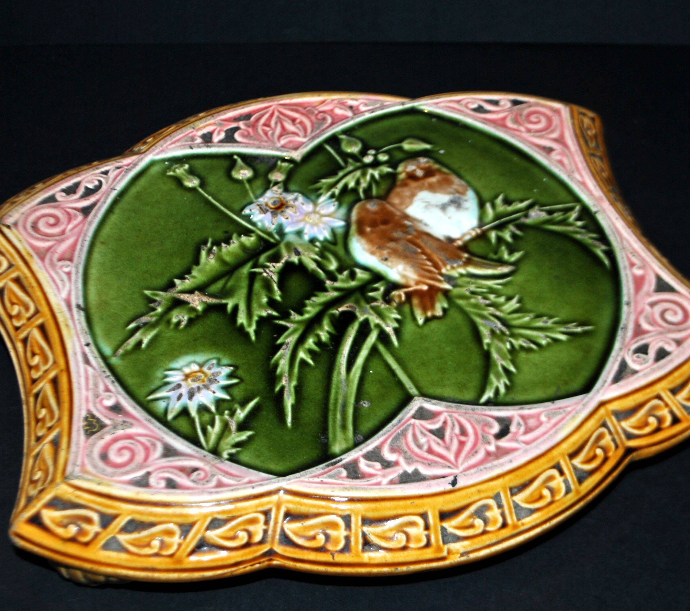 Onnaing? Art Nouveau slipware trivet with bird decoration, ceramic trivet, 1910