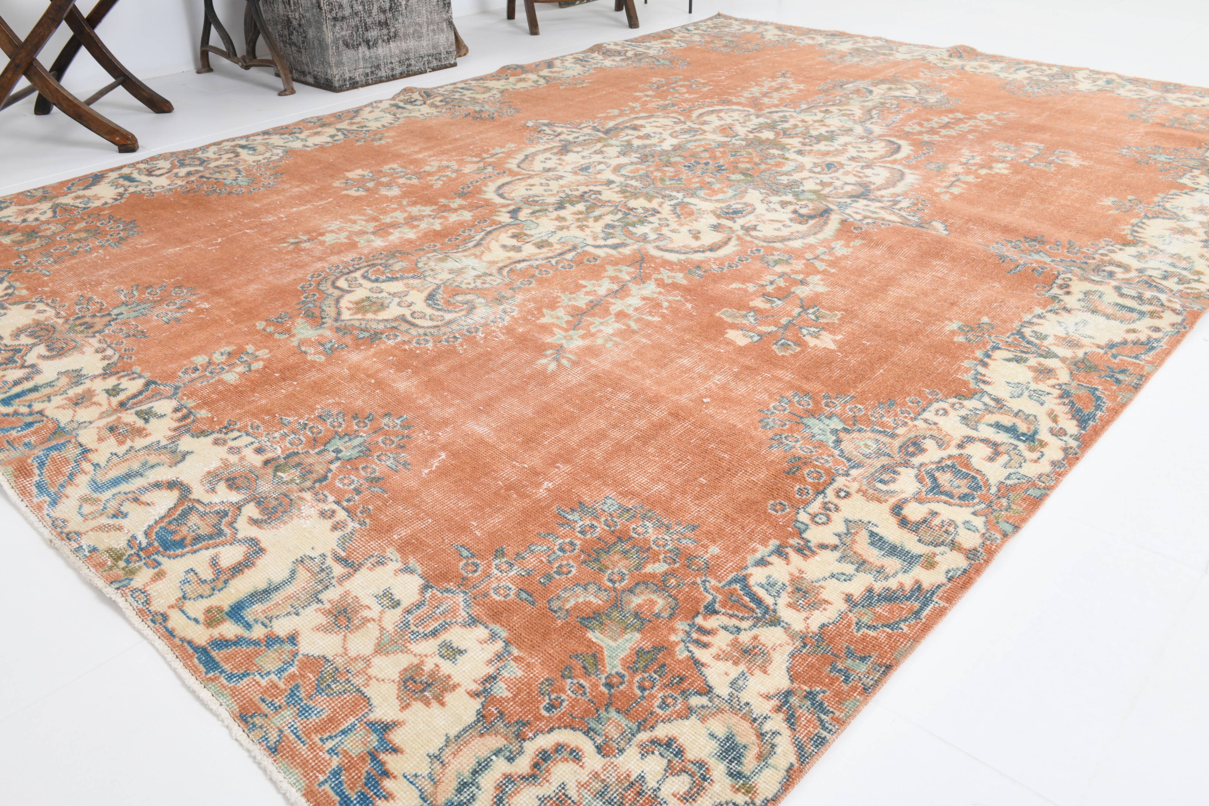 Tapis vintage en laine orange 310 x 217 cm, fait main, grand format