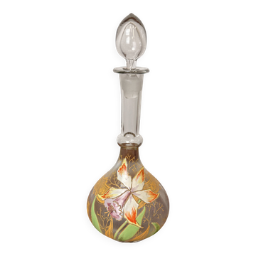 Carafe ancienne Legras – Verre émaillé à décor d'orchidée et dorures