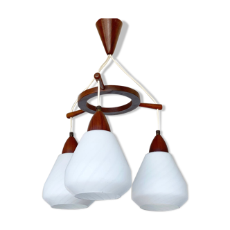 Mid Century Teak & Glass hanging lamp / chandelier