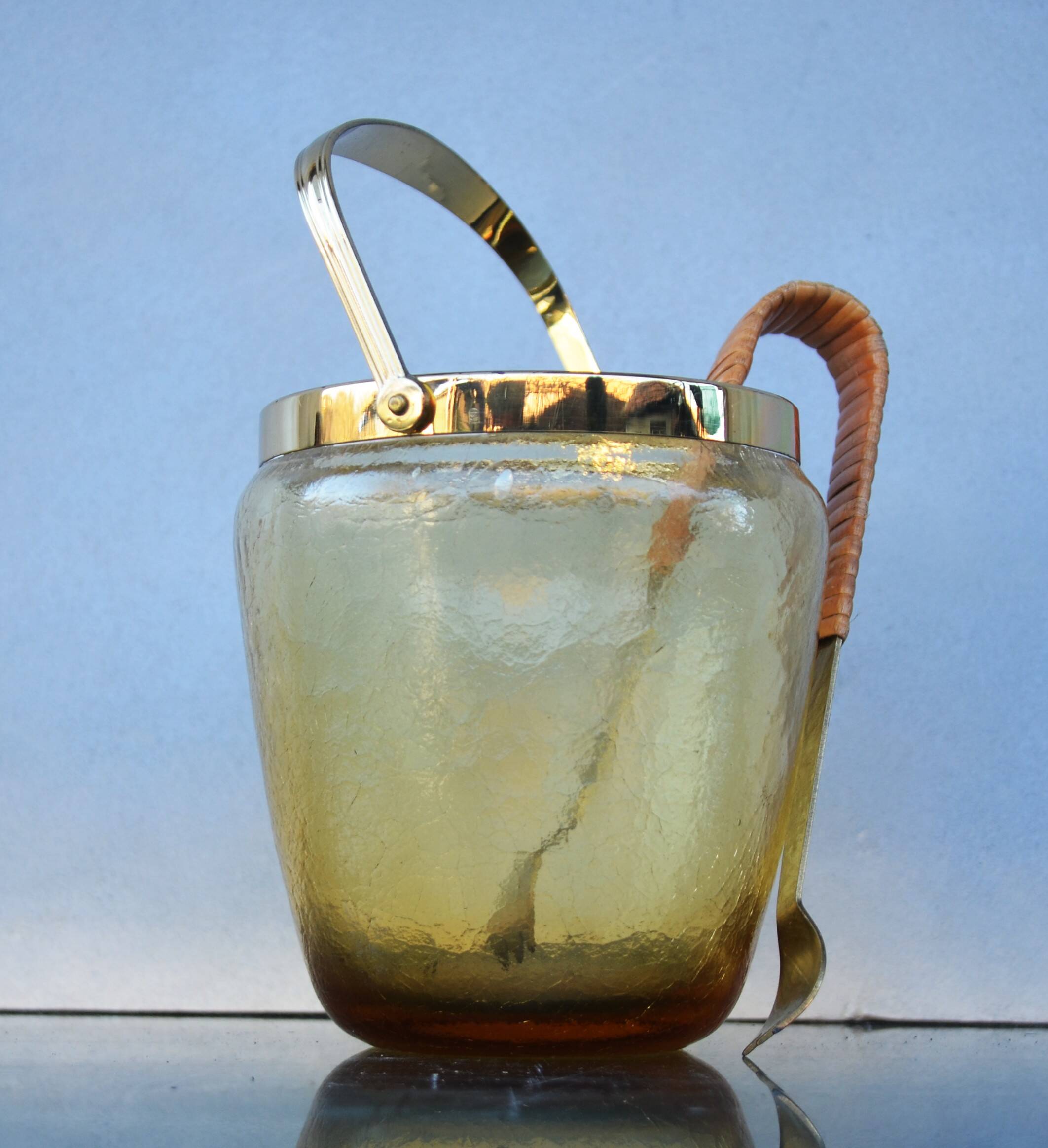Mid Century Crackle Amber Glass Ice Bucket WMF With Ratan Handle