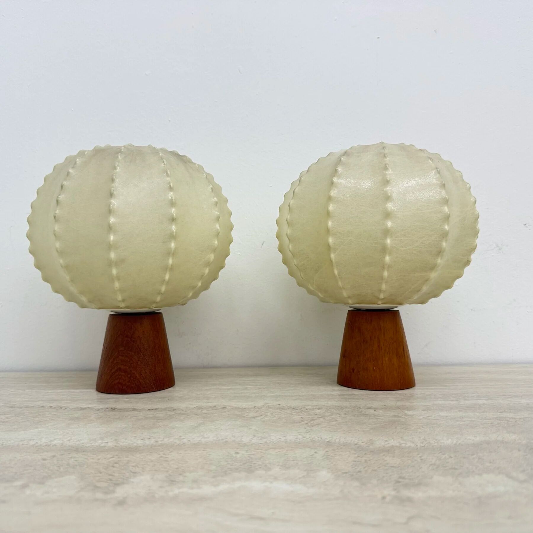 Pair of Goldkant Leuchten cocoon with teak base table lamps, 1970s